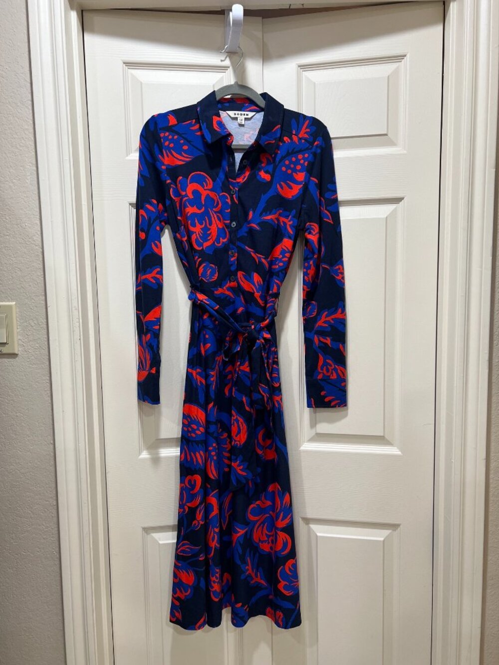 Women's Boden Shirt Dress Navy Blue Orange Floral Print Long Sleeve Midi Belt US